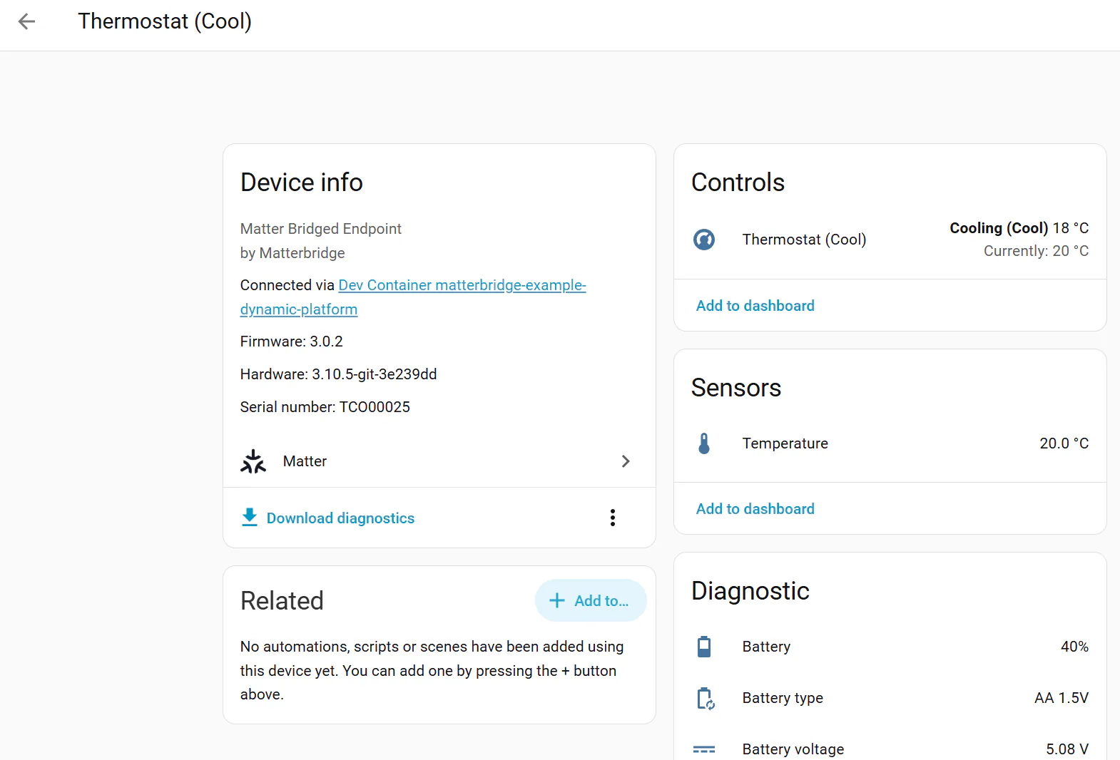 Home Assistant device page showing a Matter thermostat connected through a bridge