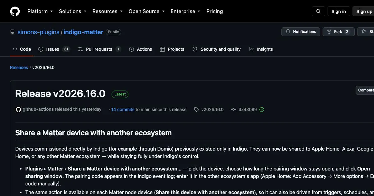 GitHub release page for Indigo Matter plugin version 2026.16.0