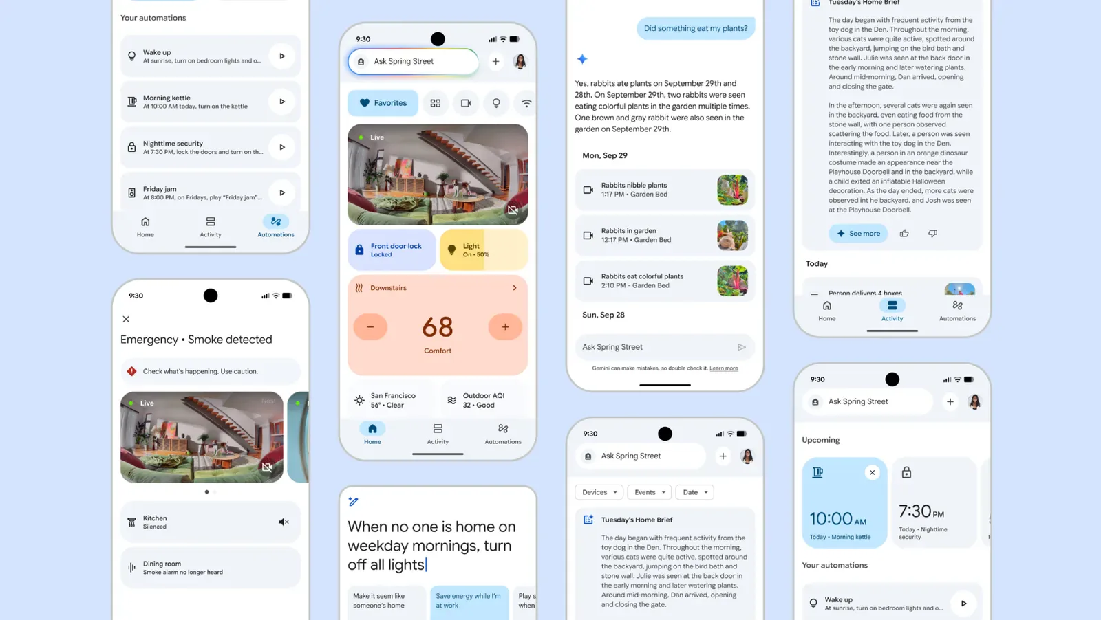 Google Home app screens including a front door lock tile