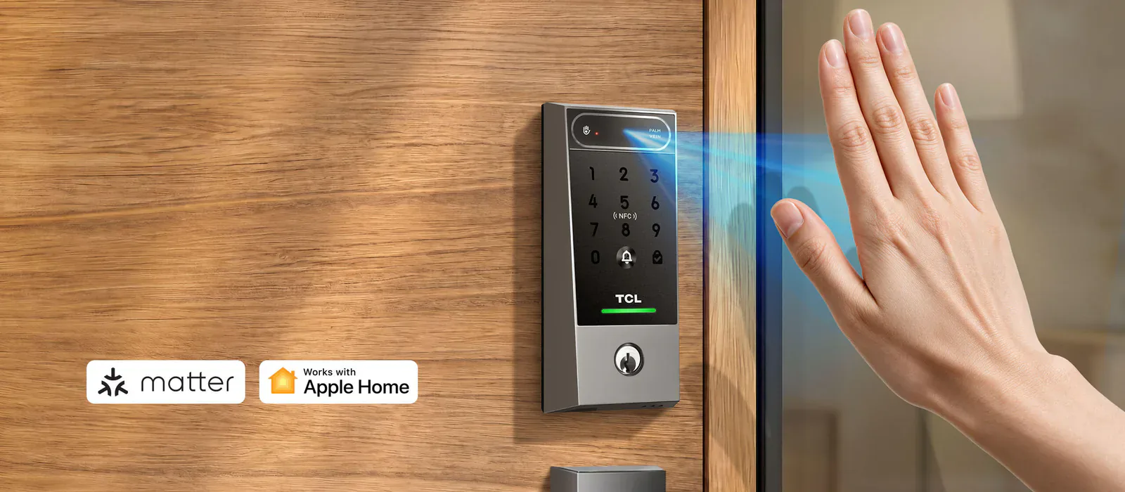 TCL D2 Pro Matter smart lock scanning a raised palm at a front door