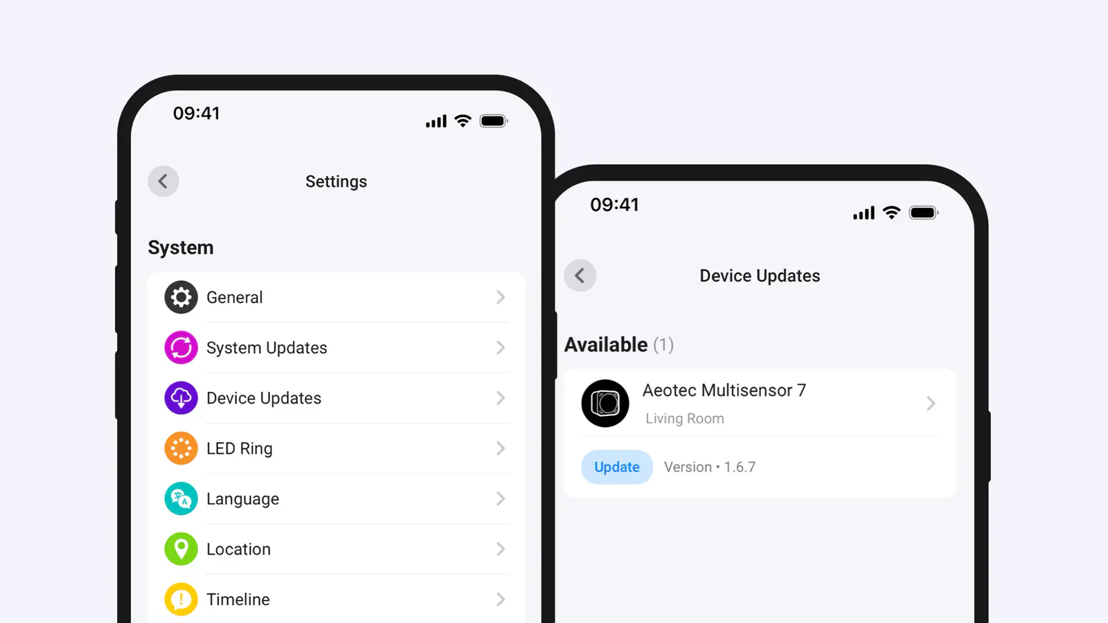 Homey app screens showing the Device Updates menu and an available firmware update