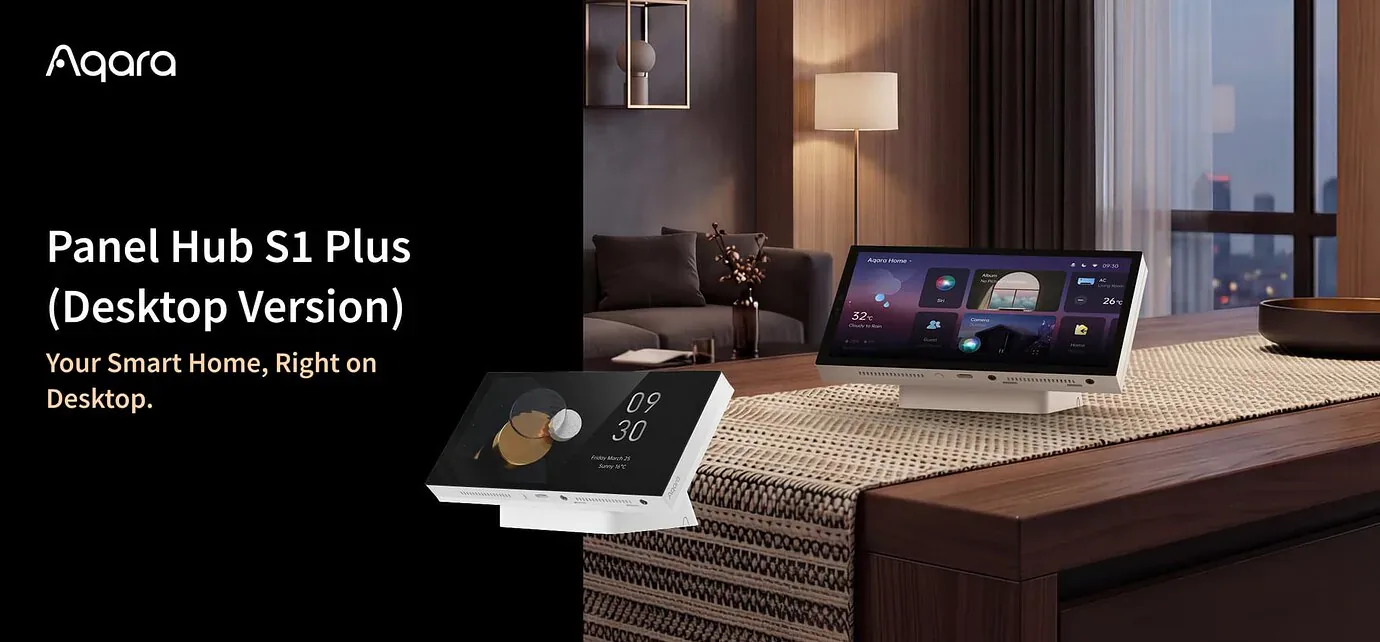 White Aqara Panel Hub S1 Plus Desktop on a table beside a close product view