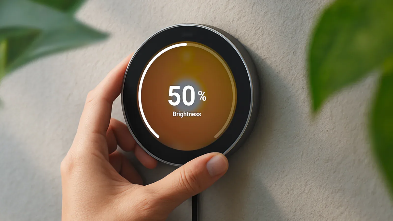 Homey Portal mounted on a wall while a hand turns its circular brightness control