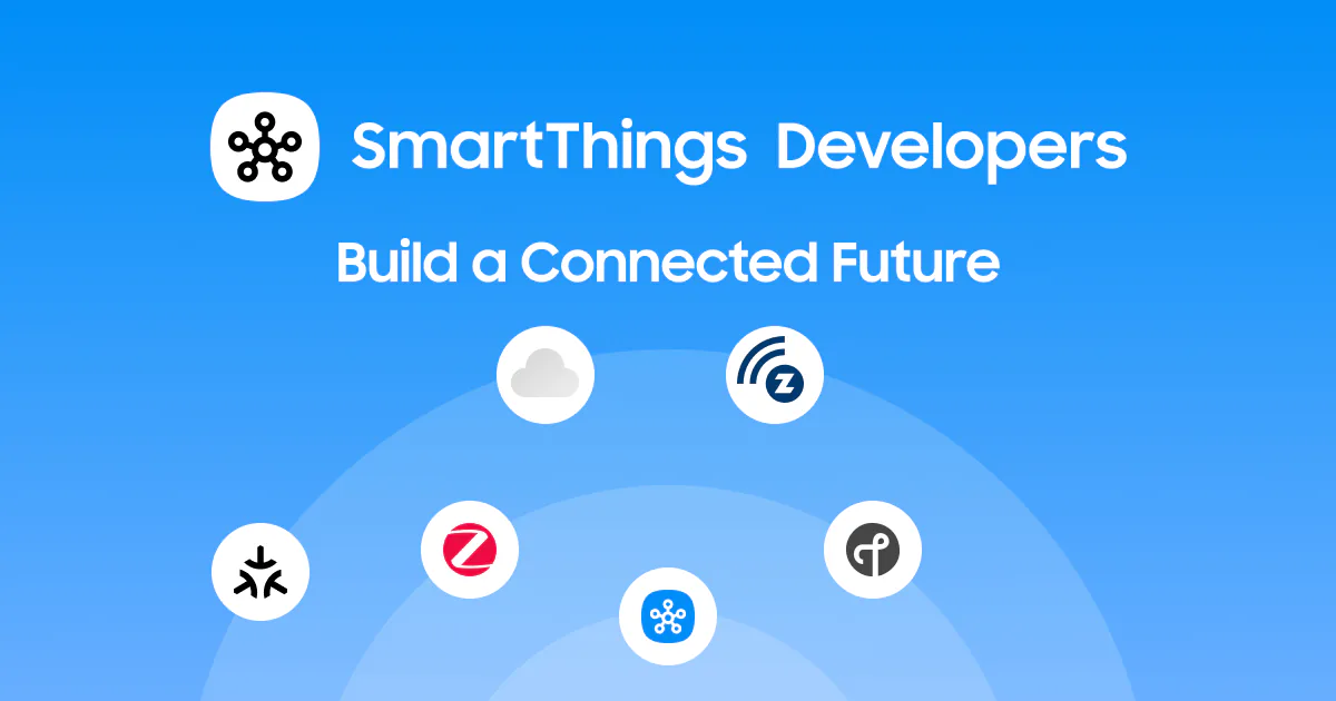 Blue SmartThings Developers graphic with connected-platform symbols