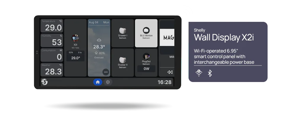 Shelly Wall Display X2i showing smart home controls on its touchscreen