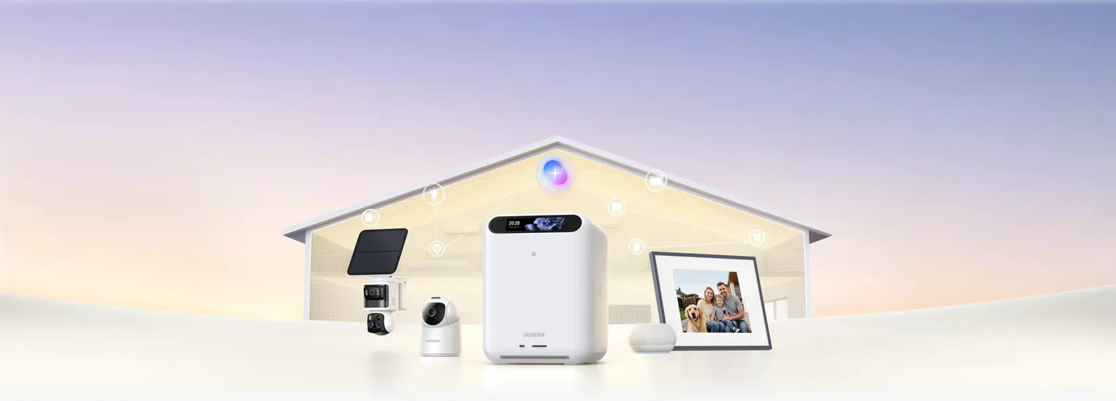 UGREEN HomeAgent hub surrounded by SynCare cameras, a smart speaker, and a digital photo frame