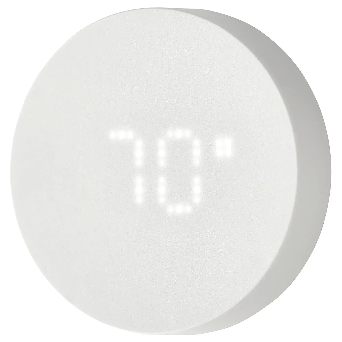 White IKEA TIMMERFLOTTE temperature and humidity sensor with its display awake