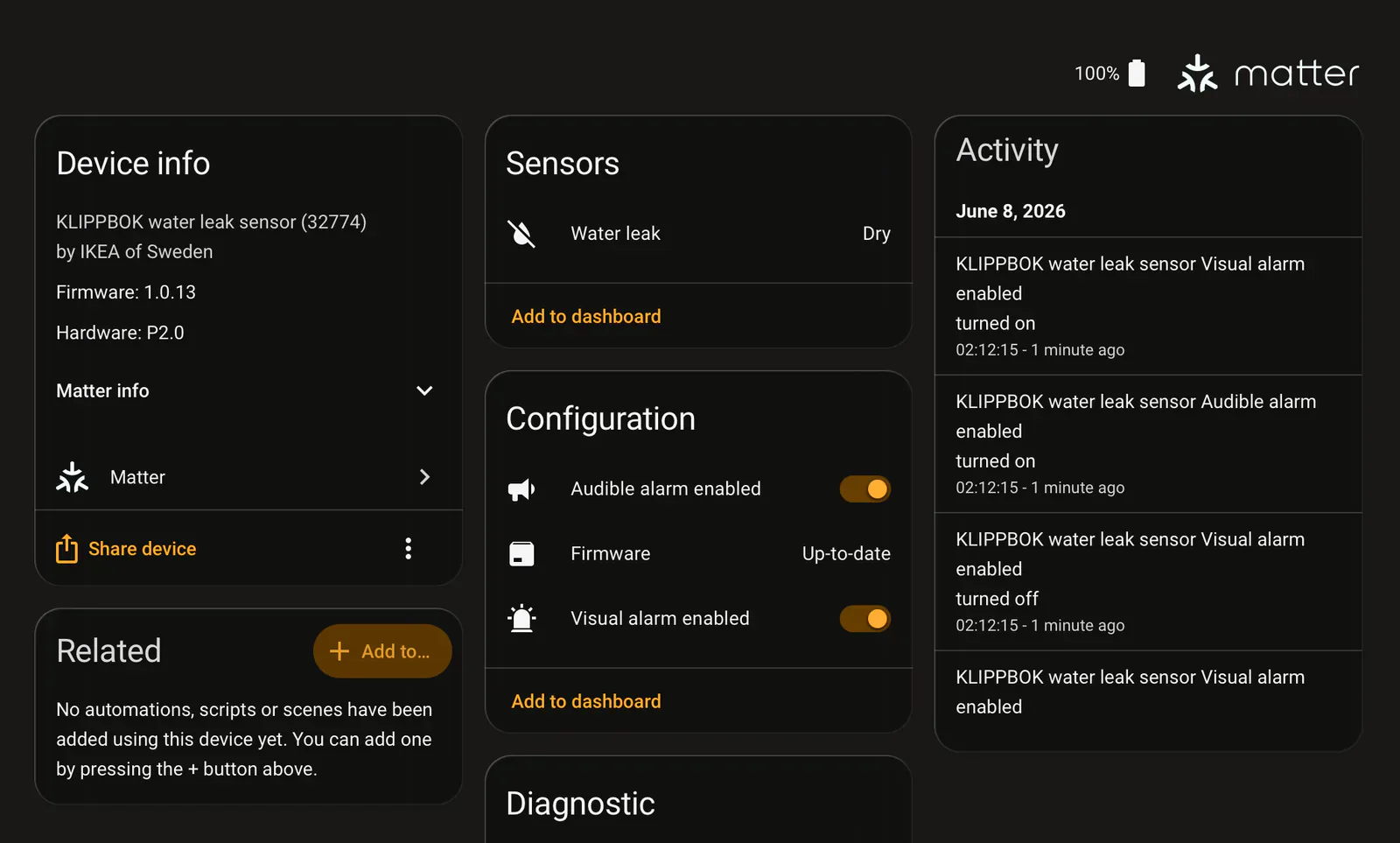 Home Assistant device page for IKEA KLIPPBOK with separate audible and visual alarm switches