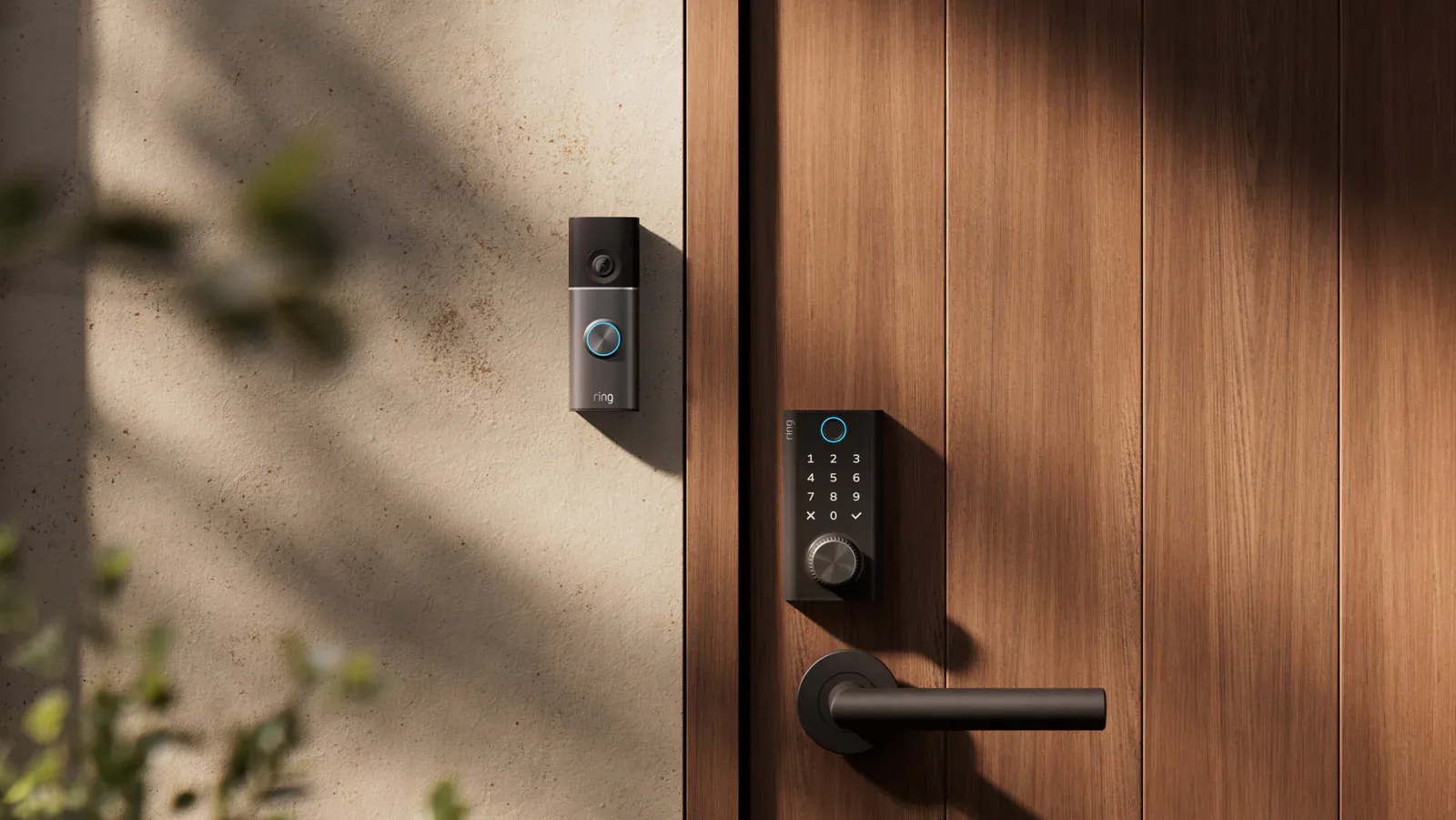 Ring Smart Lock with keypad and power dial on a wooden door beside a Ring doorbell