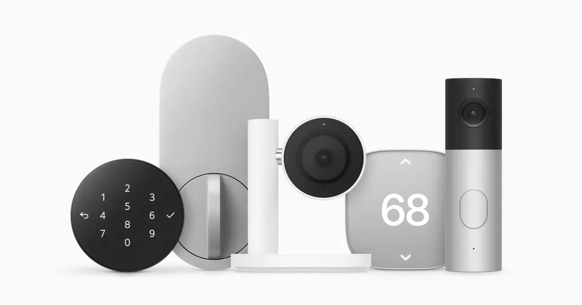 LG Smart Deadbolt Lock keypad and interior unit, LG Indoor Cam, Schneider Home Smart Thermostat showing 68 degrees and LG Video Doorbell