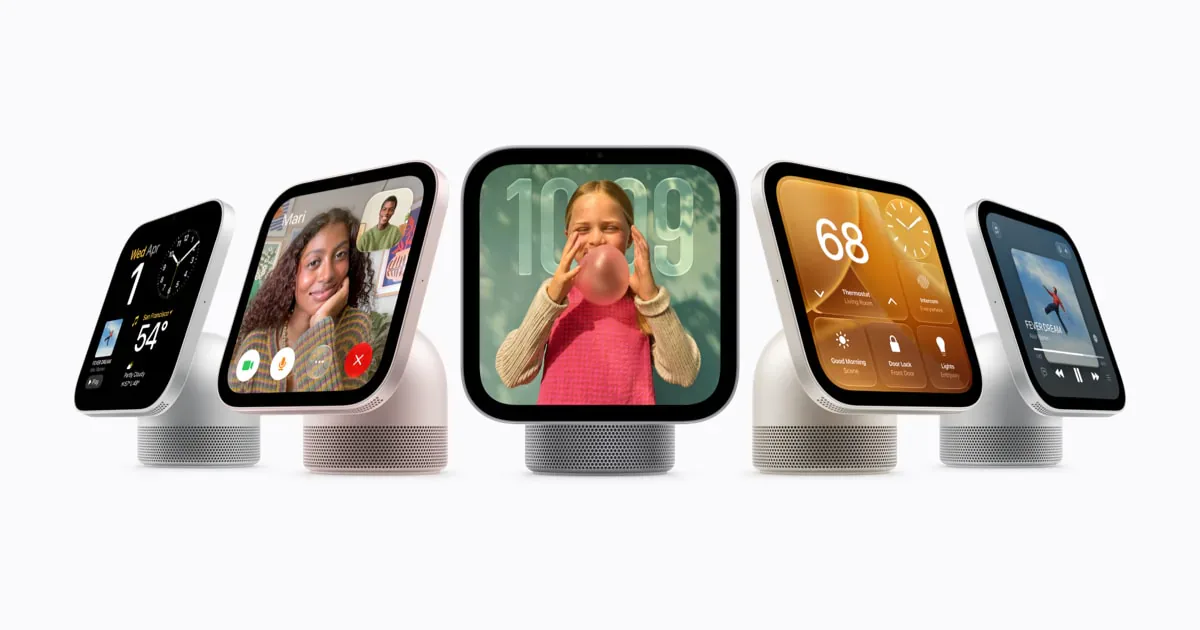 Five Apple HomeView displays in several colors showing a clock, a FaceTime call, a photo, Home app controls and music playback