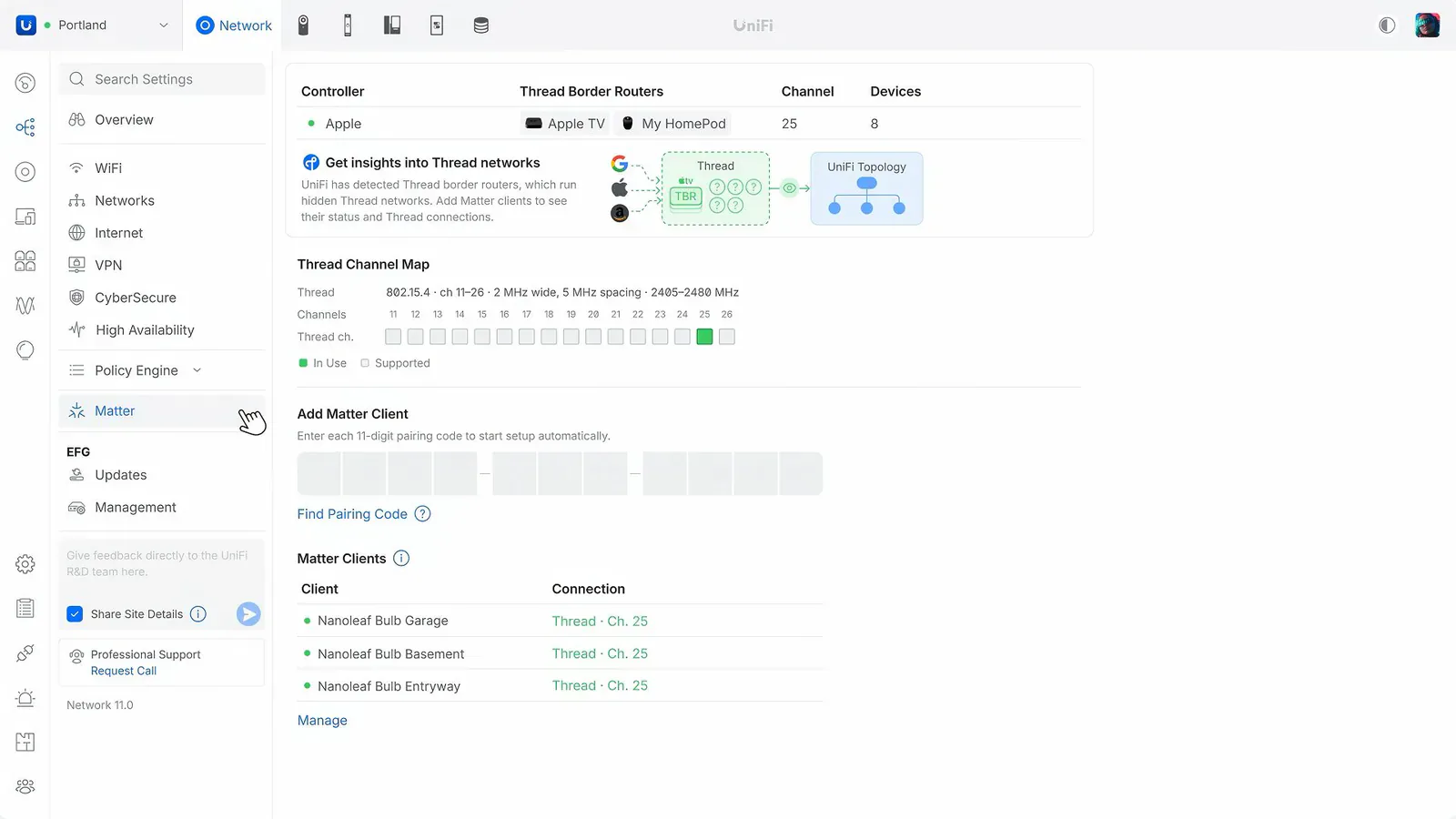 UniFi Network 11 Matter settings page listing an Apple Thread network, its border routers, a Thread channel map and a pairing-code field