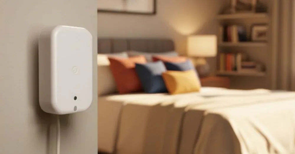 White Shelly Presence Gen4 sensor mounted on a wall beside a bedroom doorway, with its power cable running down the wall