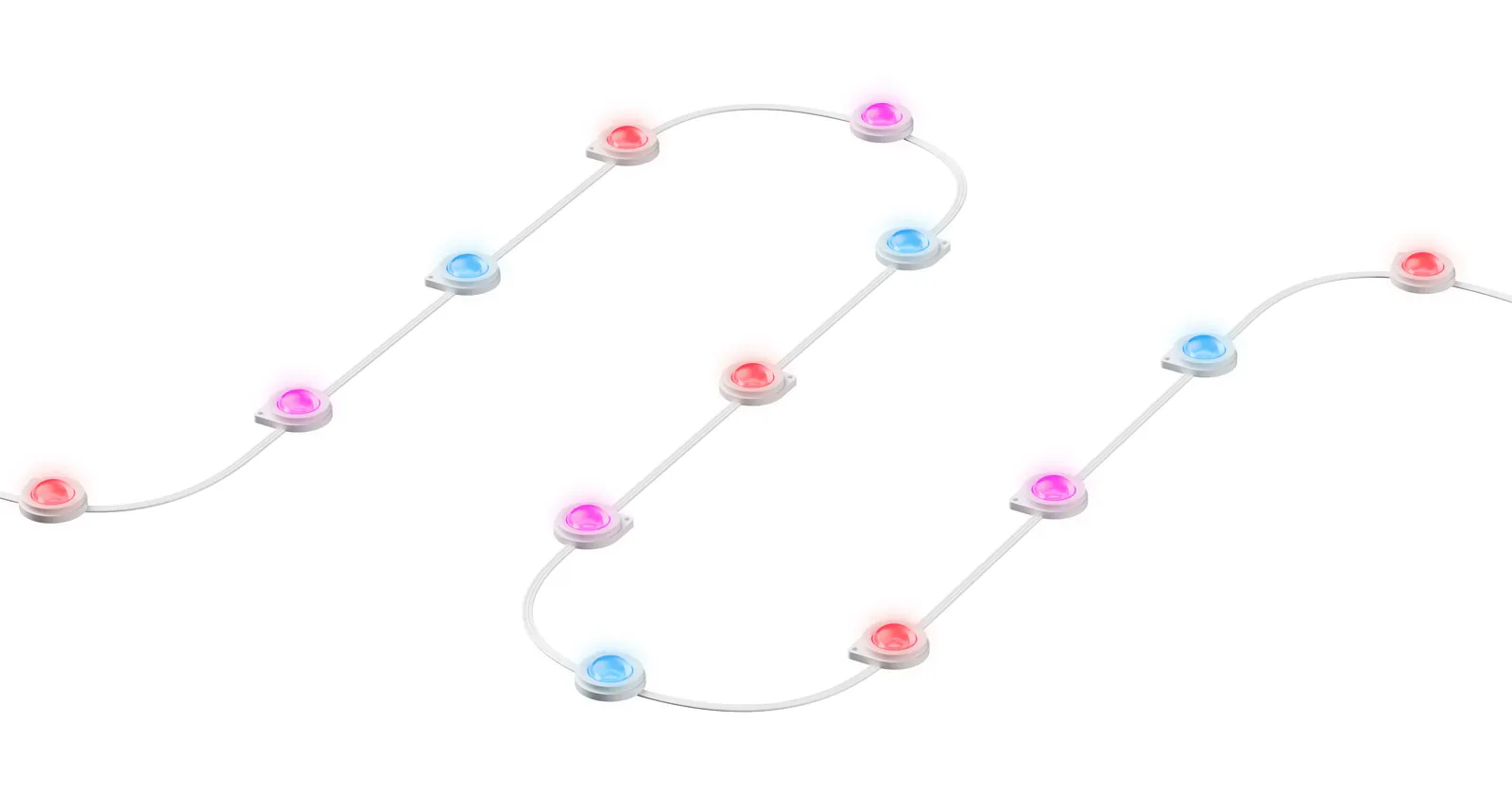 SwitchBot Permanent Outdoor Lights cable with round white light pucks glowing red, pink and blue on a white background